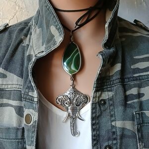 Boho Jewel Gypsy Indian Antique Elephant Silver Natural Agate Black Cord